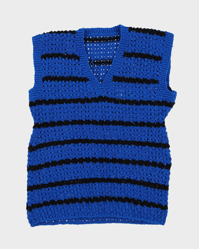 1970s Hand Knitted Blue And Black Tank Top - S