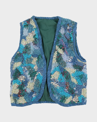 1970s Blue Patterned Handmade Knitted Waistcoat - S