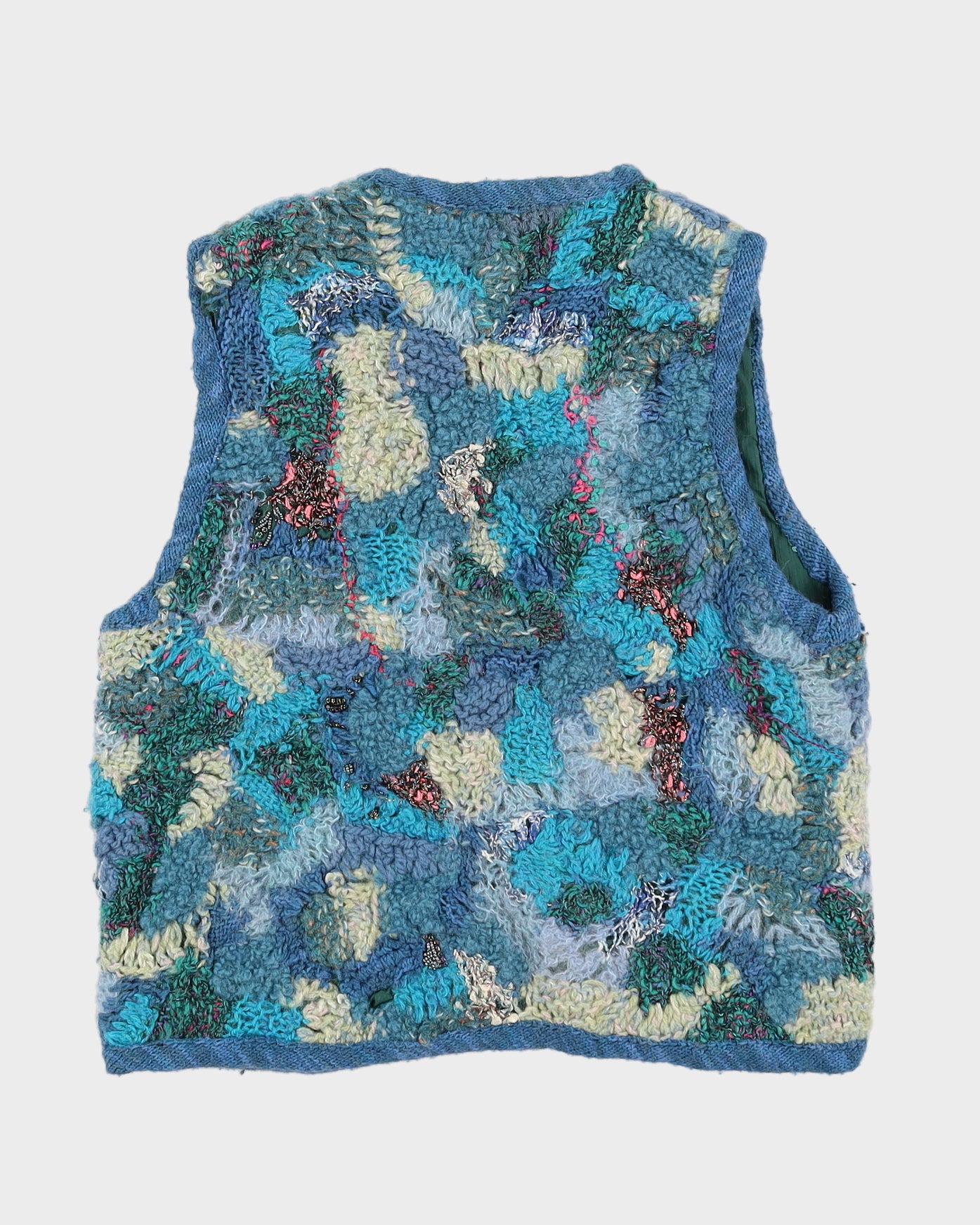 1970s Blue Patterned Handmade Knitted Waistcoat - S