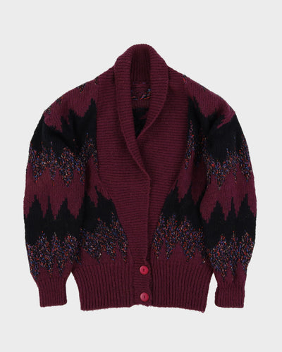 1990s Maroon And Black Patterned Chunky Knitted Cardigan - M