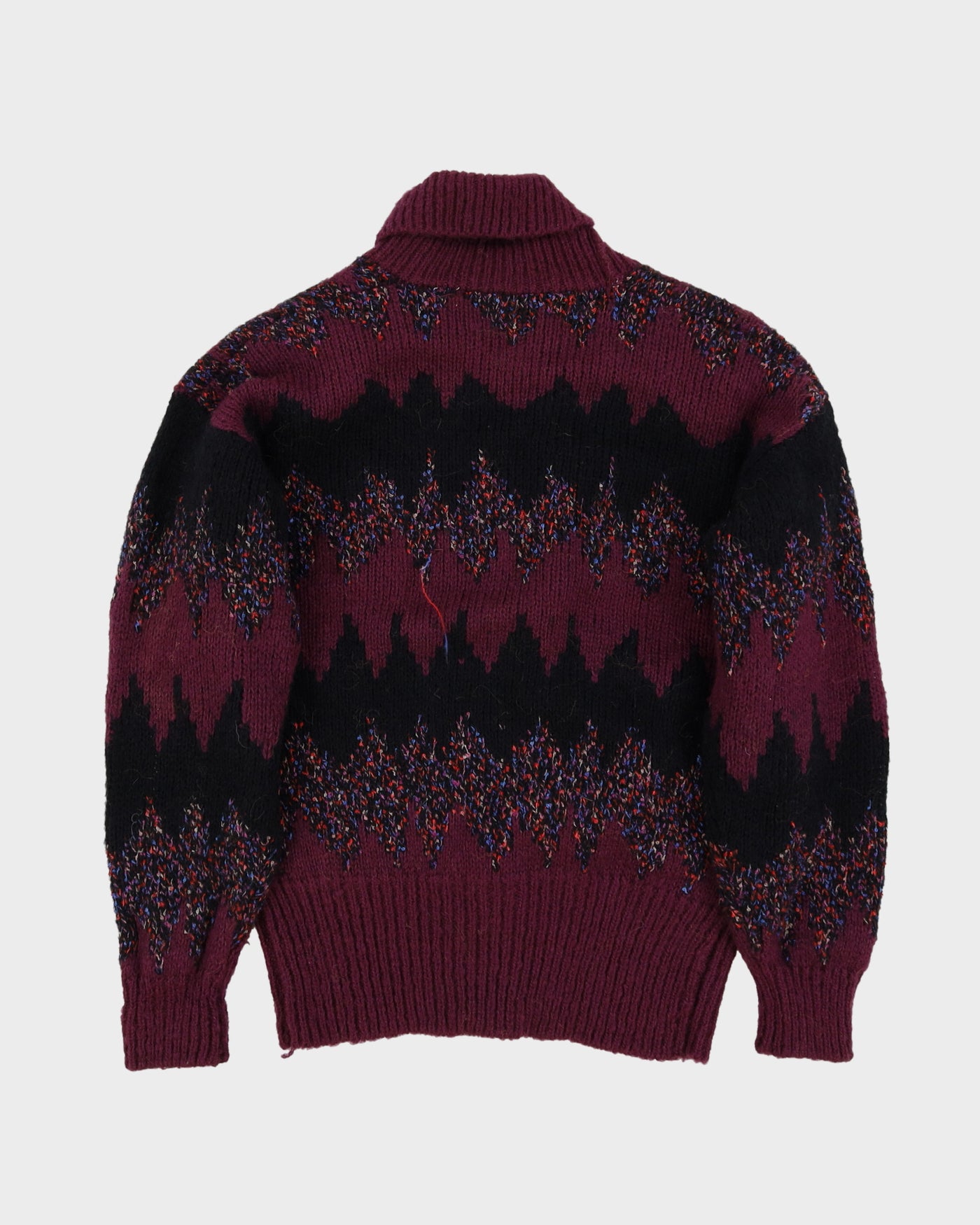 1990s Maroon And Black Patterned Chunky Knitted Cardigan - M