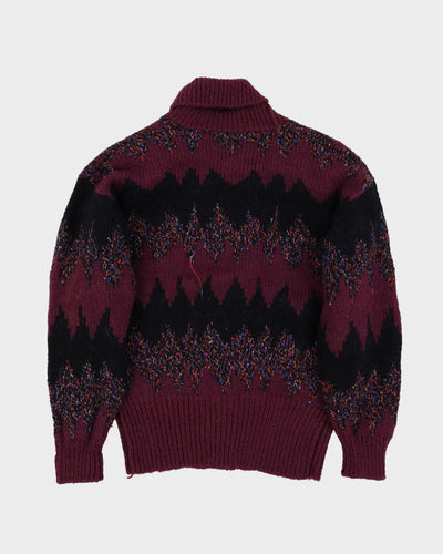1990s Maroon And Black Patterned Chunky Knitted Cardigan - M