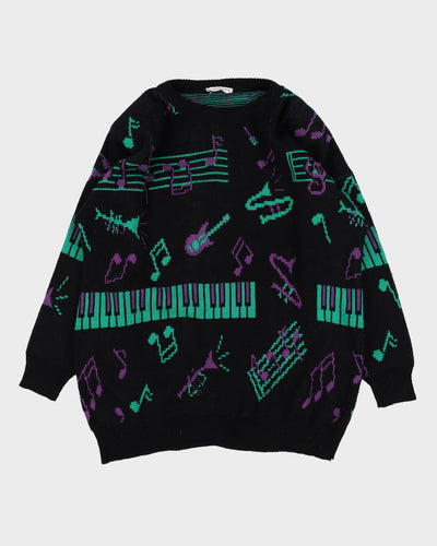 1990s Musical Note Patterned Knitted Jumper - L