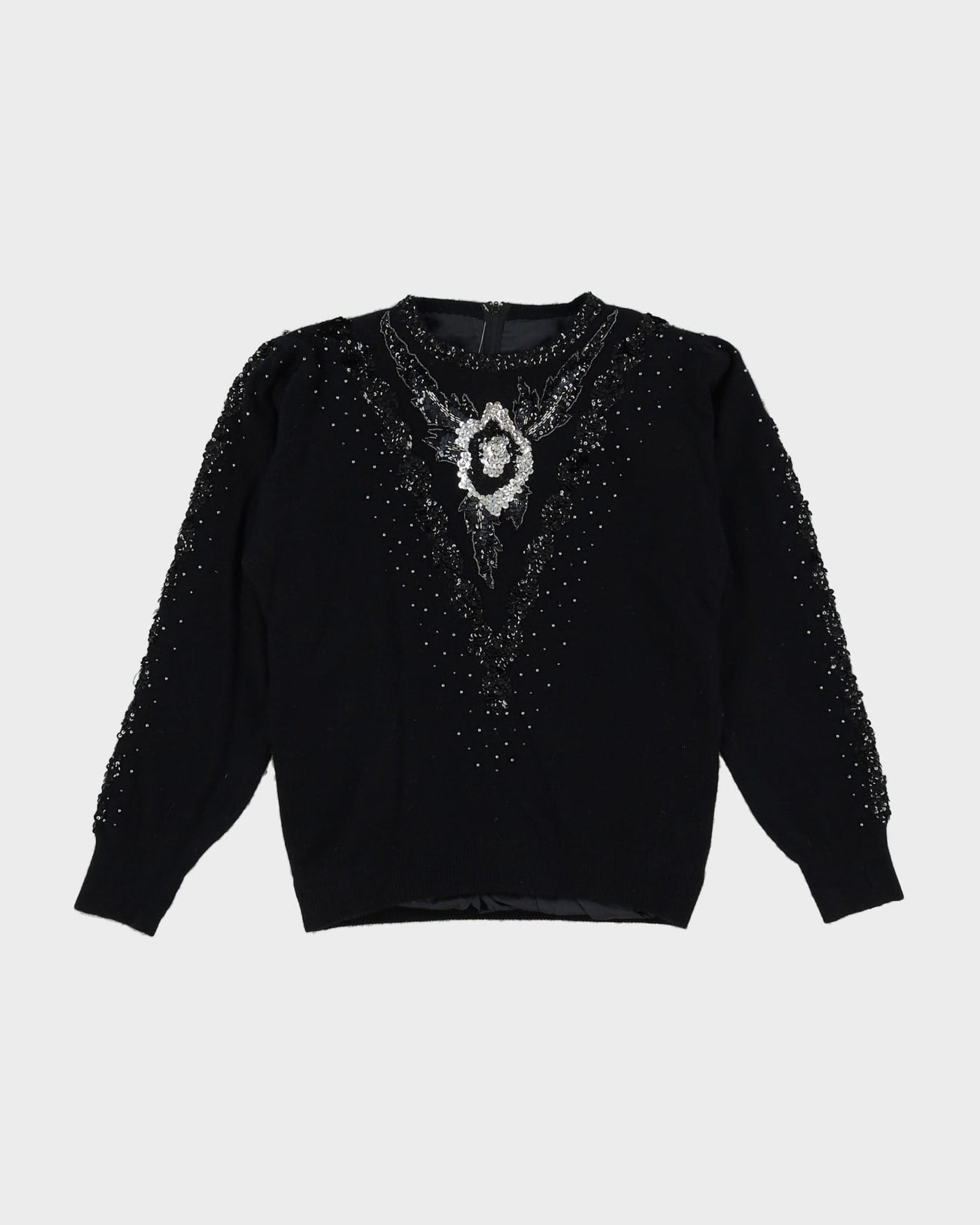 1990s Black Sequin Detailed Knitted Jumper - S