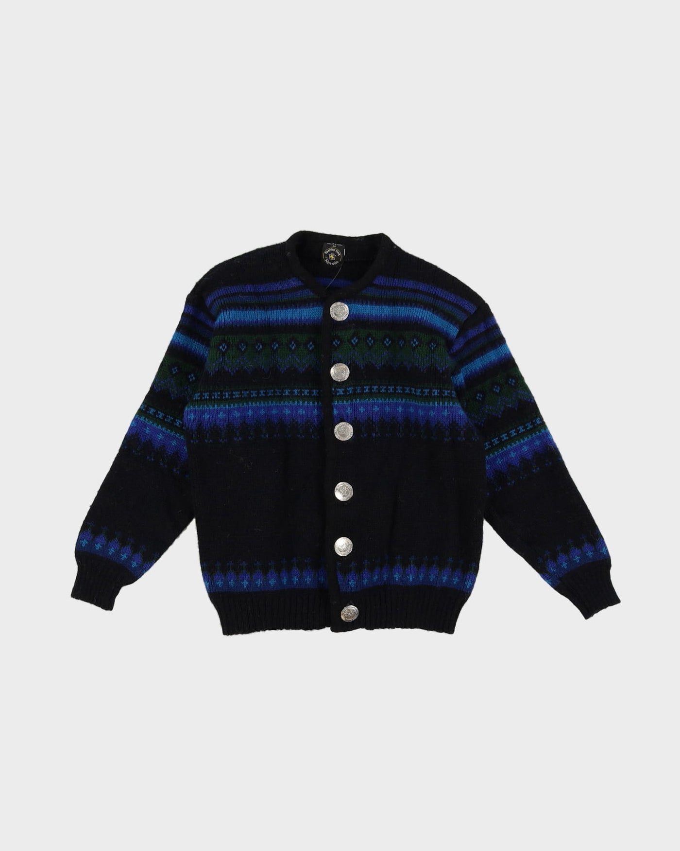 1970s Norwegian Black Patterned Wool Cardigan - XS