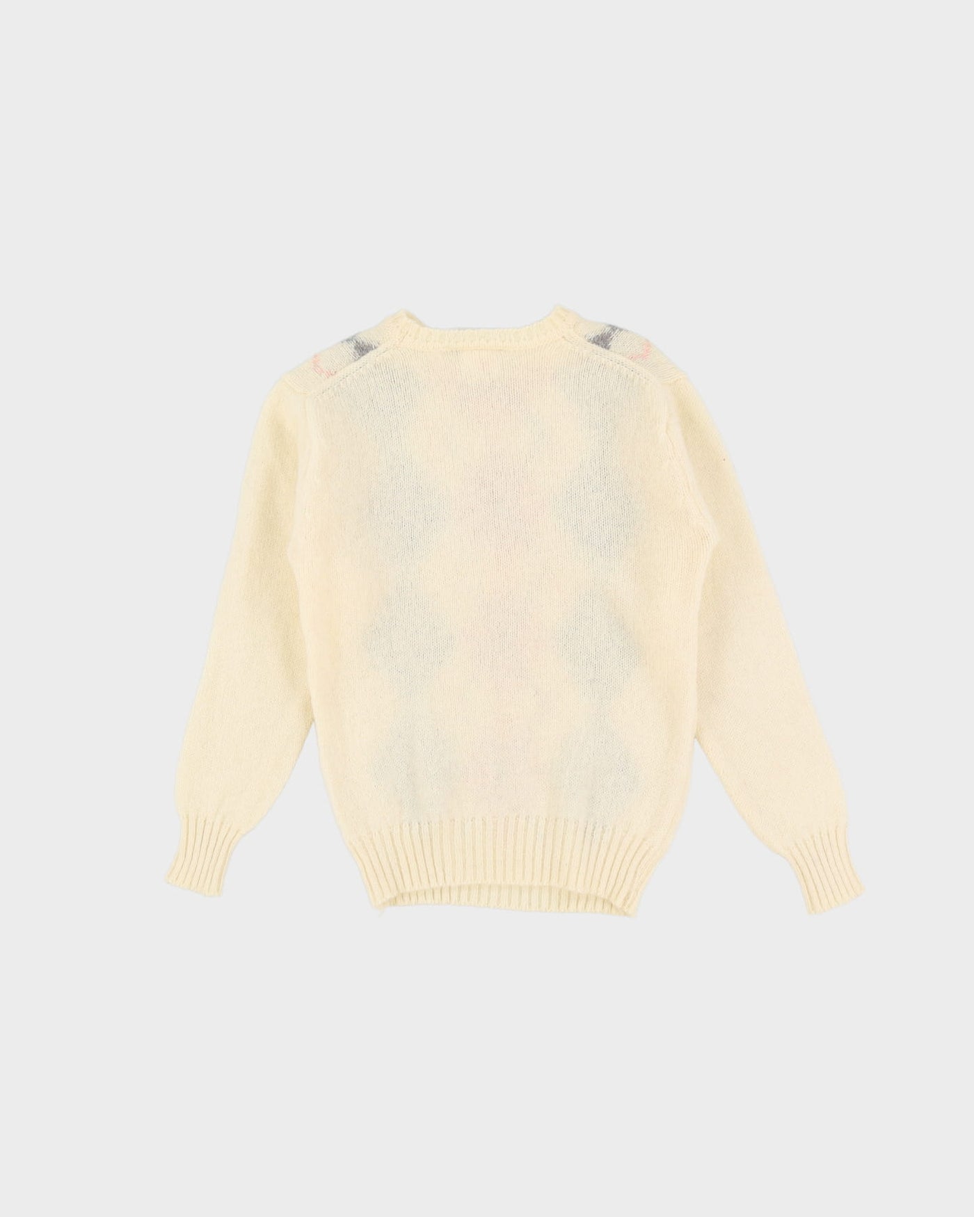 1980s Cream With Pink Diamond Patterned Knitted Jumper - XXS