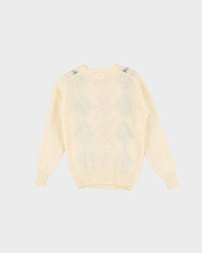 1980s Cream With Pink Diamond Patterned Knitted Jumper - XXS