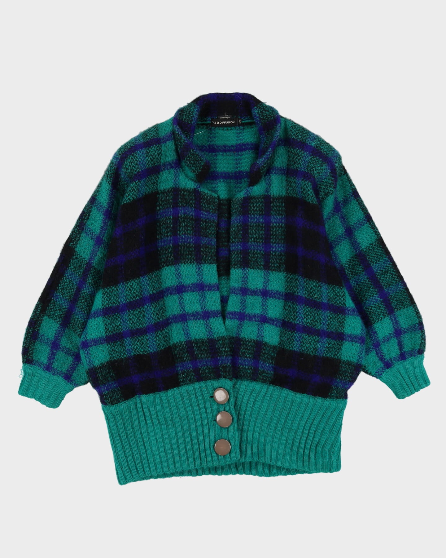 1990s Green Tartan Patterned Chunky Knitted Cardigan - L