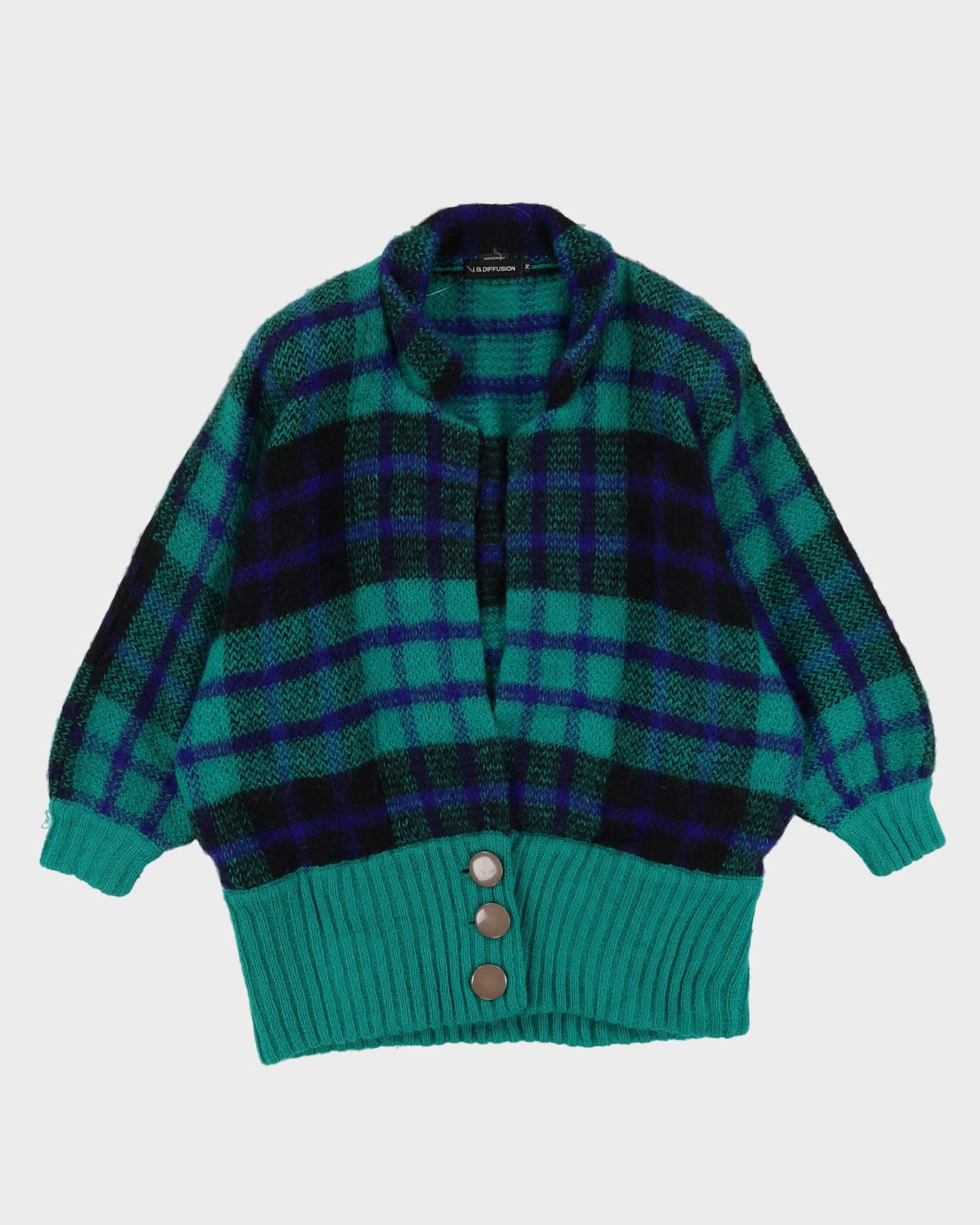 1990s Green Tartan Patterned Chunky Knitted Cardigan - L