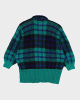 1990s Green Tartan Patterned Chunky Knitted Cardigan - L