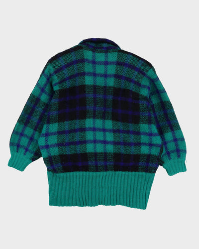1990s Green Tartan Patterned Chunky Knitted Cardigan - L
