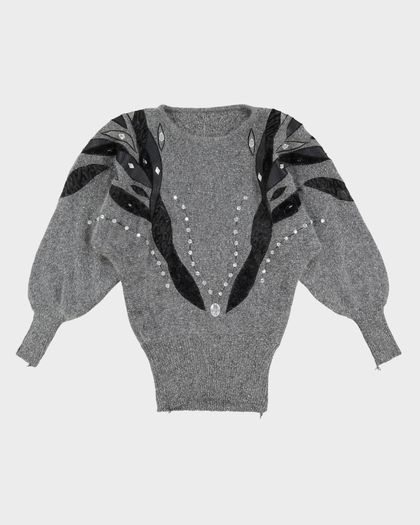 1990s Grey Velvet Embellished Knitted Jumper - S