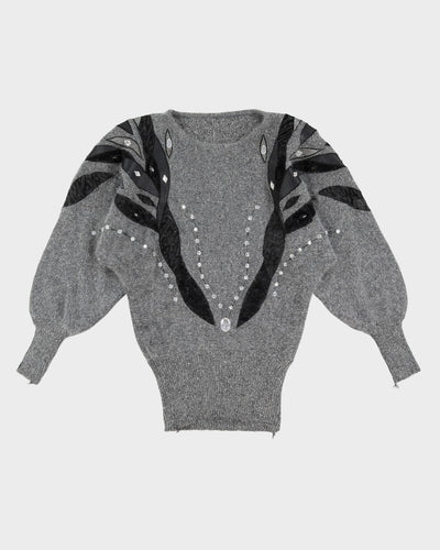 1990s Grey Velvet Embellished Knitted Jumper - S