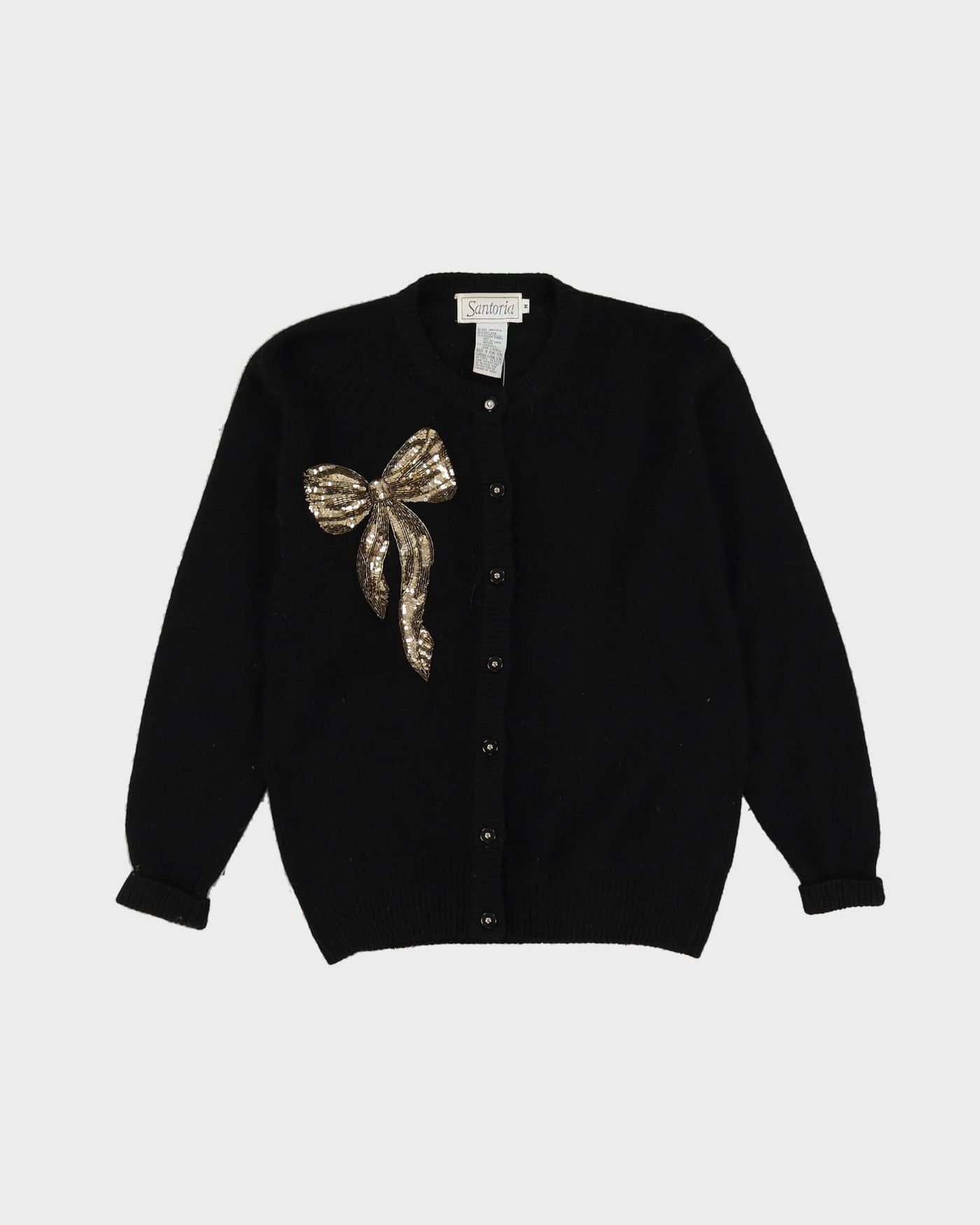 1990s Black With Beaded Gold Bow Cardigan - M