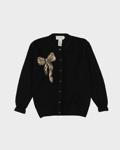 1990s Black With Beaded Gold Bow Cardigan - M
