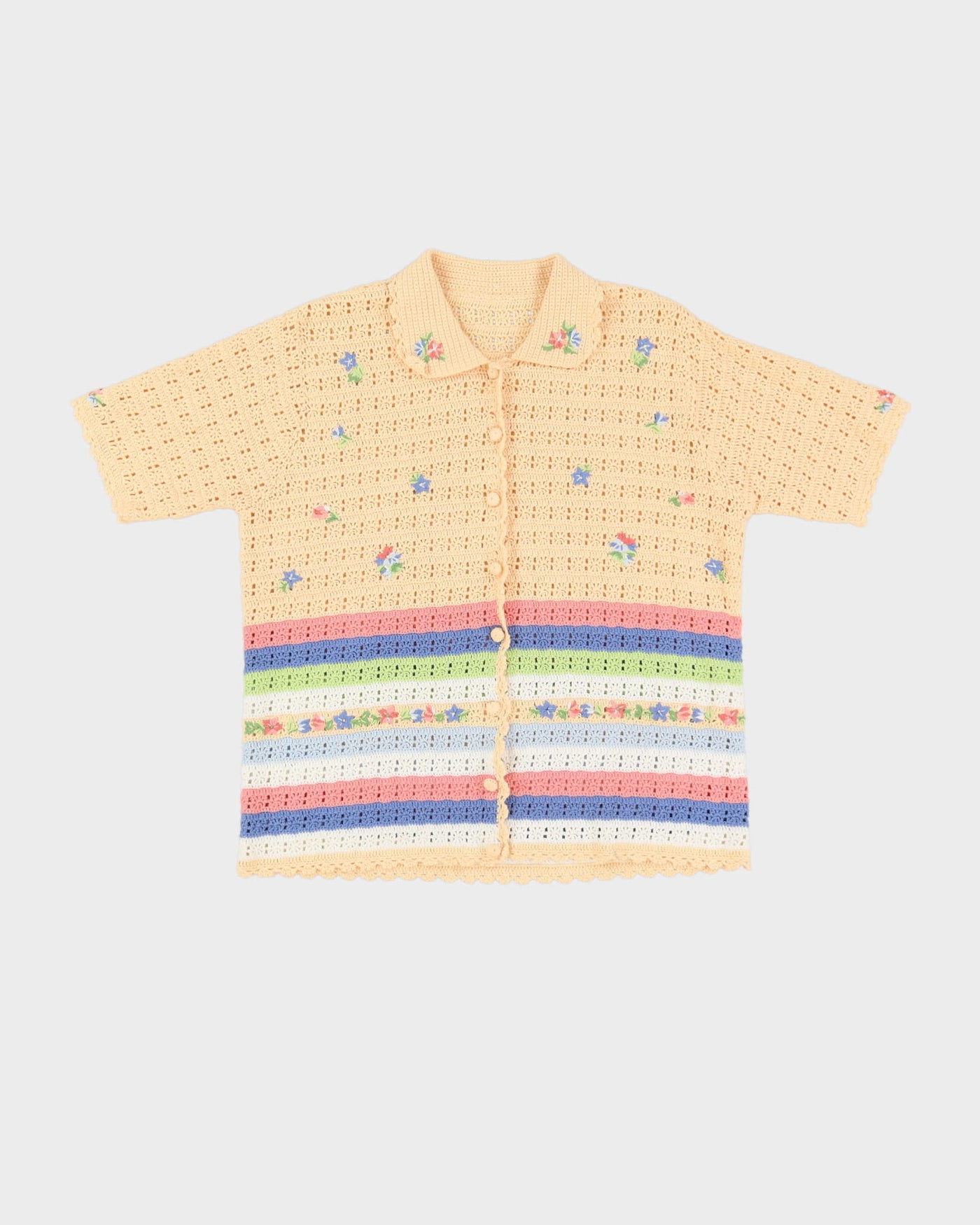 Vintage 1980s Yellow Short Sleeve Crocheted Cardigan - M