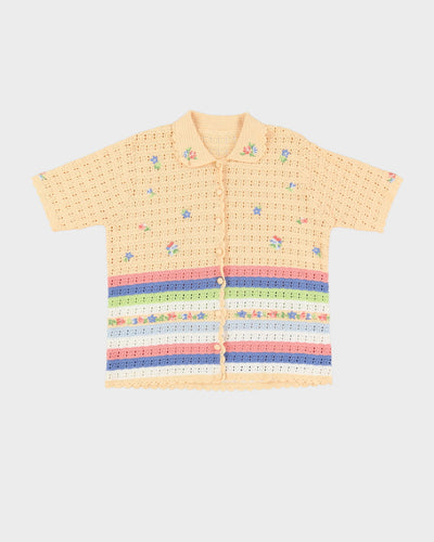 Vintage 1980s Yellow Short Sleeve Crocheted Cardigan - M