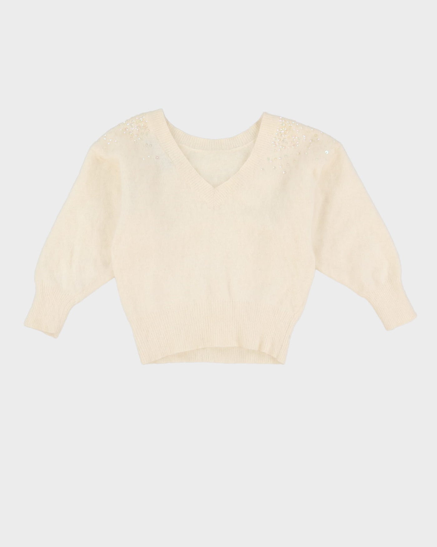 White Angora Sequin Detailed Knitted Top - S
