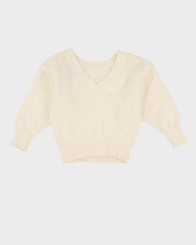 White Angora Sequin Detailed Knitted Top - S