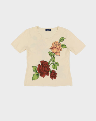 Vintage White With Floral Pattern Silk Knitted Top - S