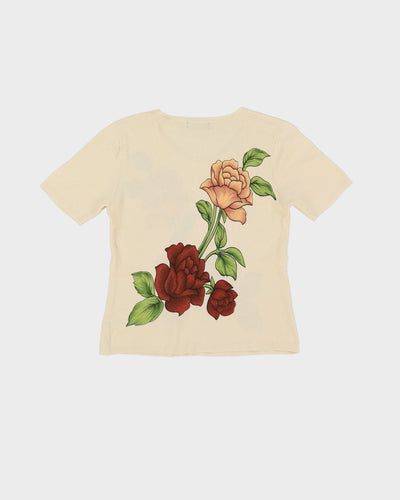 Vintage White With Floral Pattern Silk Knitted Top - S