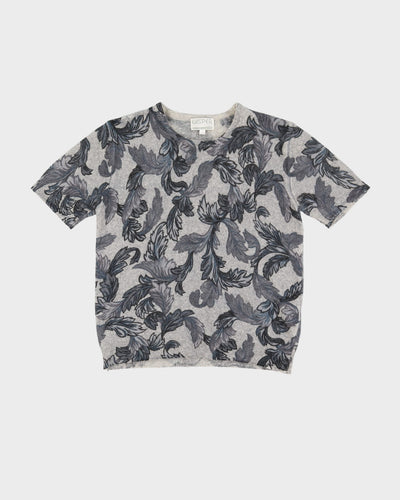 Vintage Grey Leaves Patterned Knitted Top - S