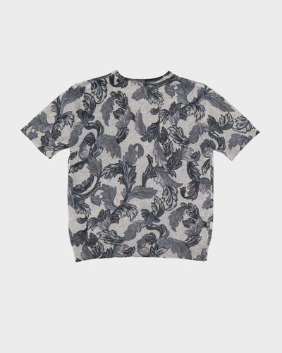 Vintage Grey Leaves Patterned Knitted Top - S