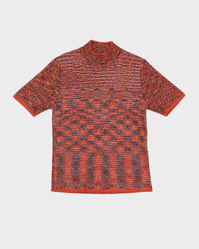 Vintage 1980s Orange Patterned Knitted Short Sleeve Top - XS