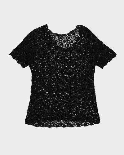 Vintage Black Lace Crocheted Short Sleeve Top - M