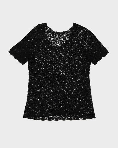 Vintage Black Lace Crocheted Short Sleeve Top - M