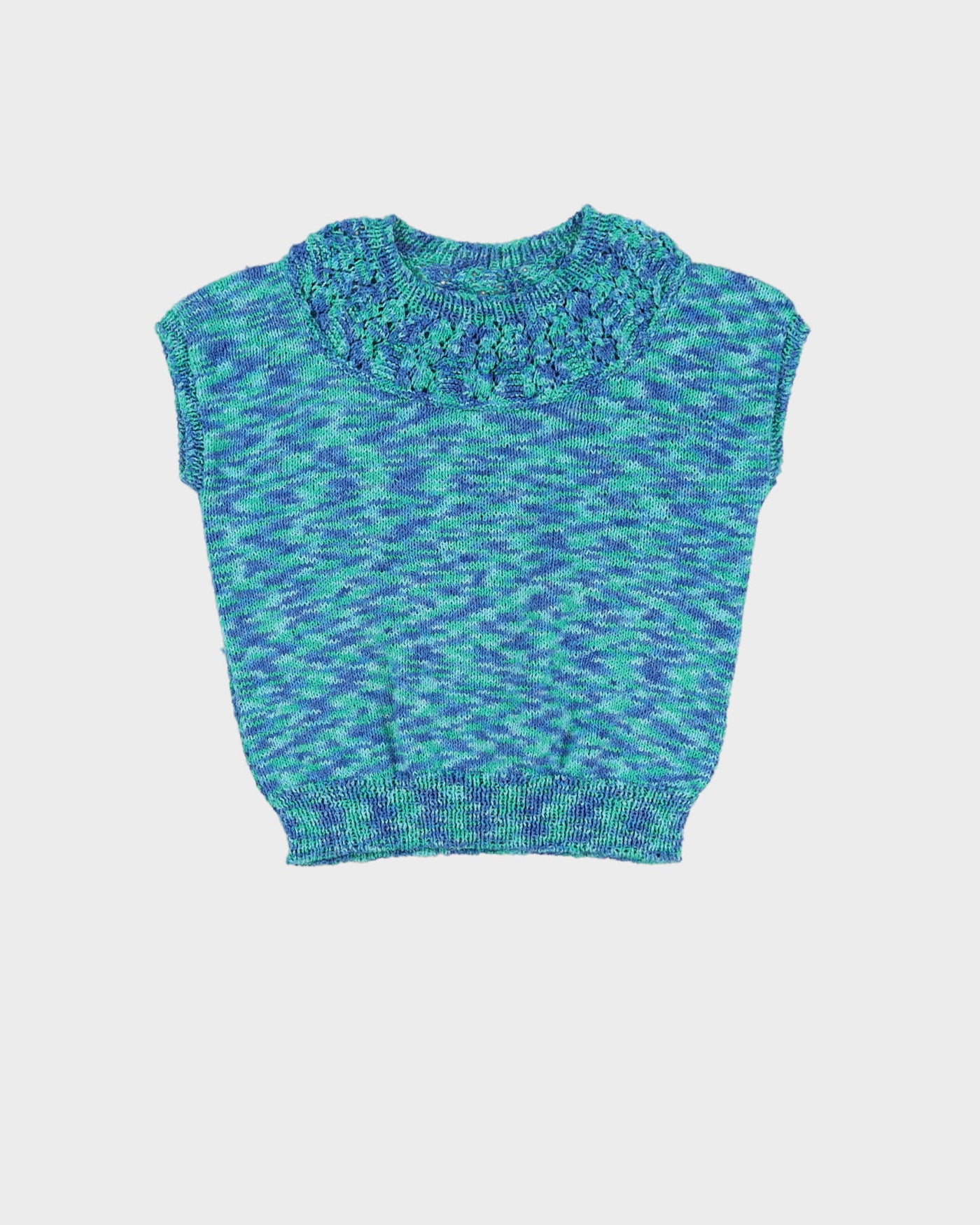 Vintage Blue And Green Hand Knitted Short Sleeve Top - S