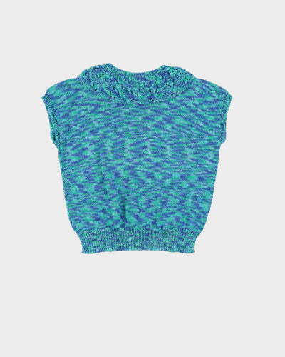 Vintage Blue And Green Hand Knitted Short Sleeve Top - S