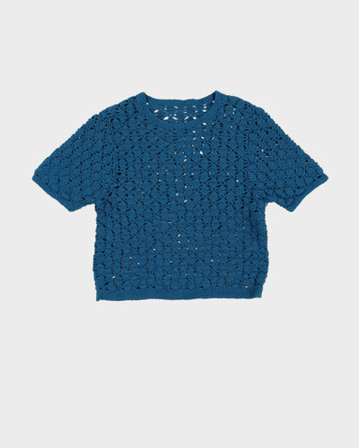 Vintage 1970s Blue Hand Crocheted Short Sleeve Top - XS