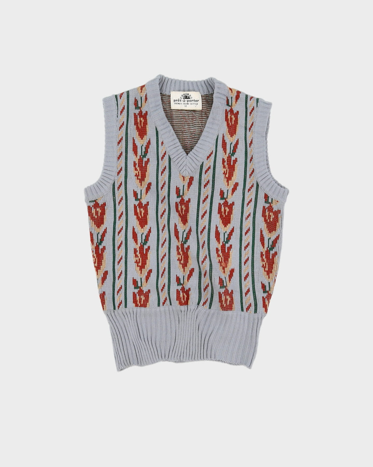 Vintage 1970s Pret A Porter Grey Patterned Knitted Tank Top - XS