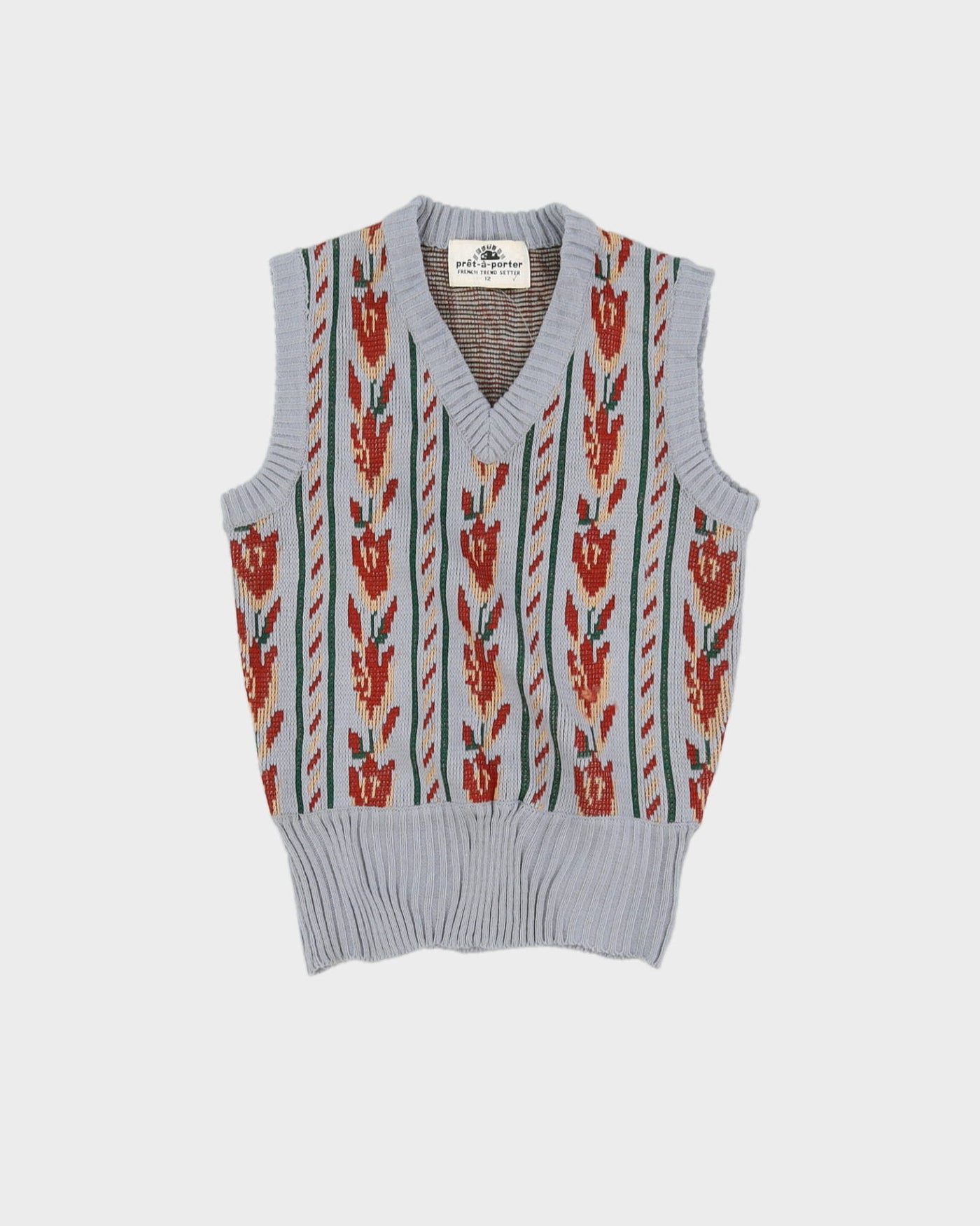 Vintage 1970s Pret A Porter Grey Patterned Knitted Tank Top - XS