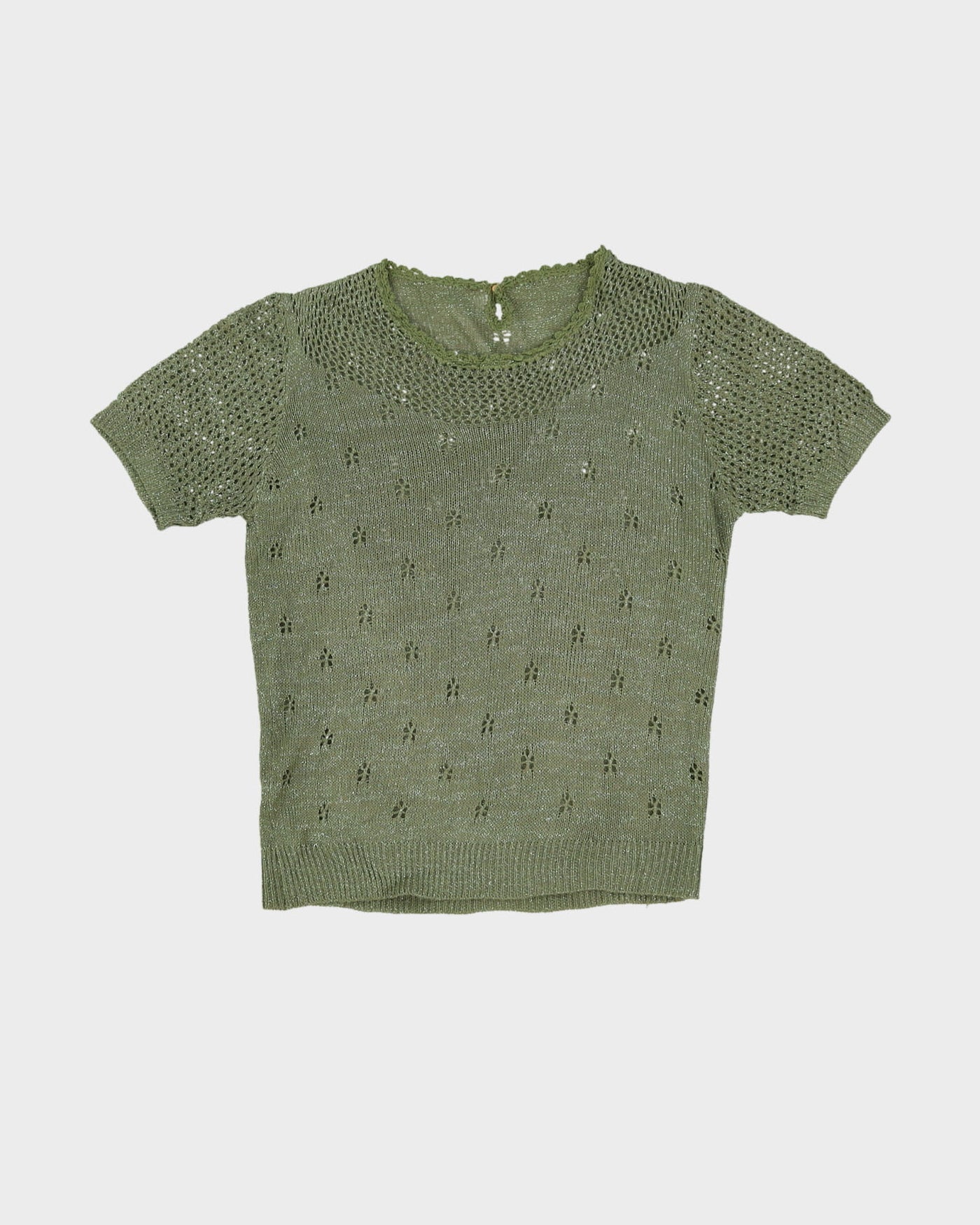 1990s Green Lace Short Sleeve Knitted Top - XS