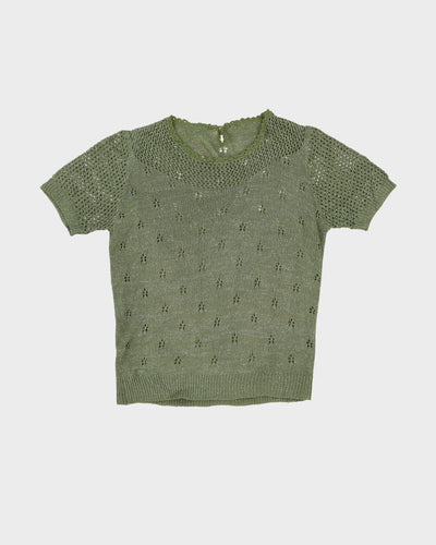 1990s Green Lace Short Sleeve Knitted Top - XS