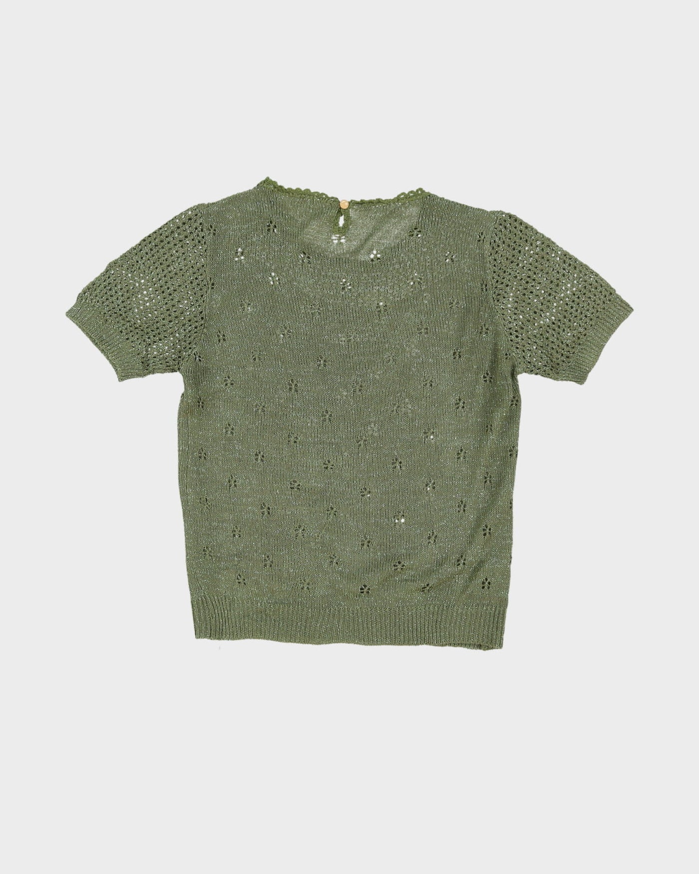 1990s Green Lace Short Sleeve Knitted Top - XS
