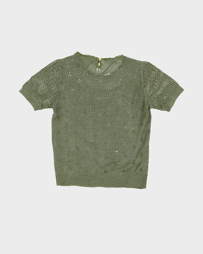 1990s Green Lace Short Sleeve Knitted Top - XS