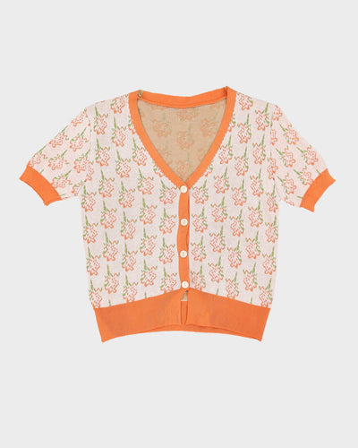 Orange And Cream Floral Short Sleeve Cardigan - XS