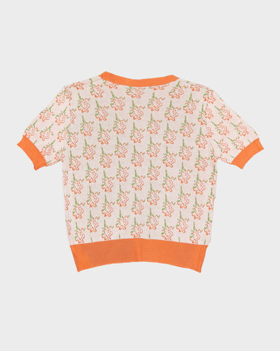 Orange And Cream Floral Short Sleeve Cardigan - XS