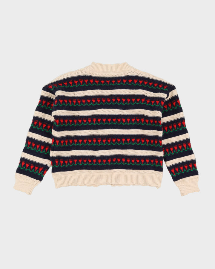 Blue And Cream Patterned Knitted Cardigan - S