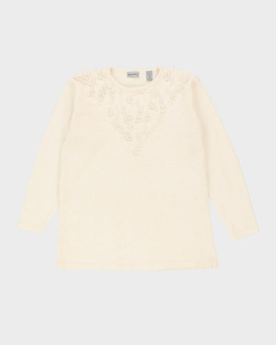 Cream Pearl Detailed Knitted Jumper - M
