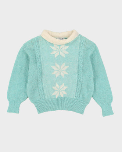 Blue With A White Neckline Knitted Jumper - M
