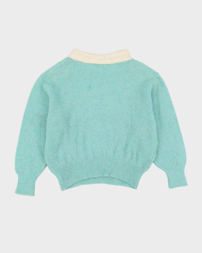 Blue With A White Neckline Knitted Jumper - M