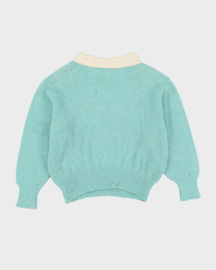 Blue With A White Neckline Knitted Jumper - M