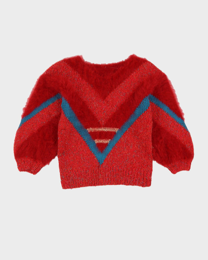 Red Angora Lurex Hand Knitted Jumper - XS