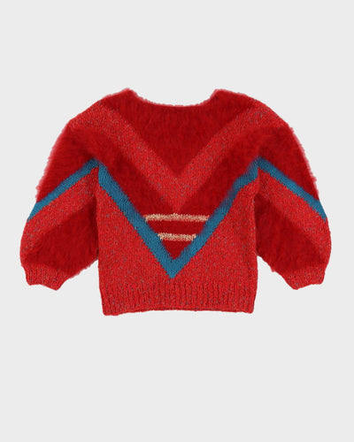 Red Angora Lurex Hand Knitted Jumper - XS