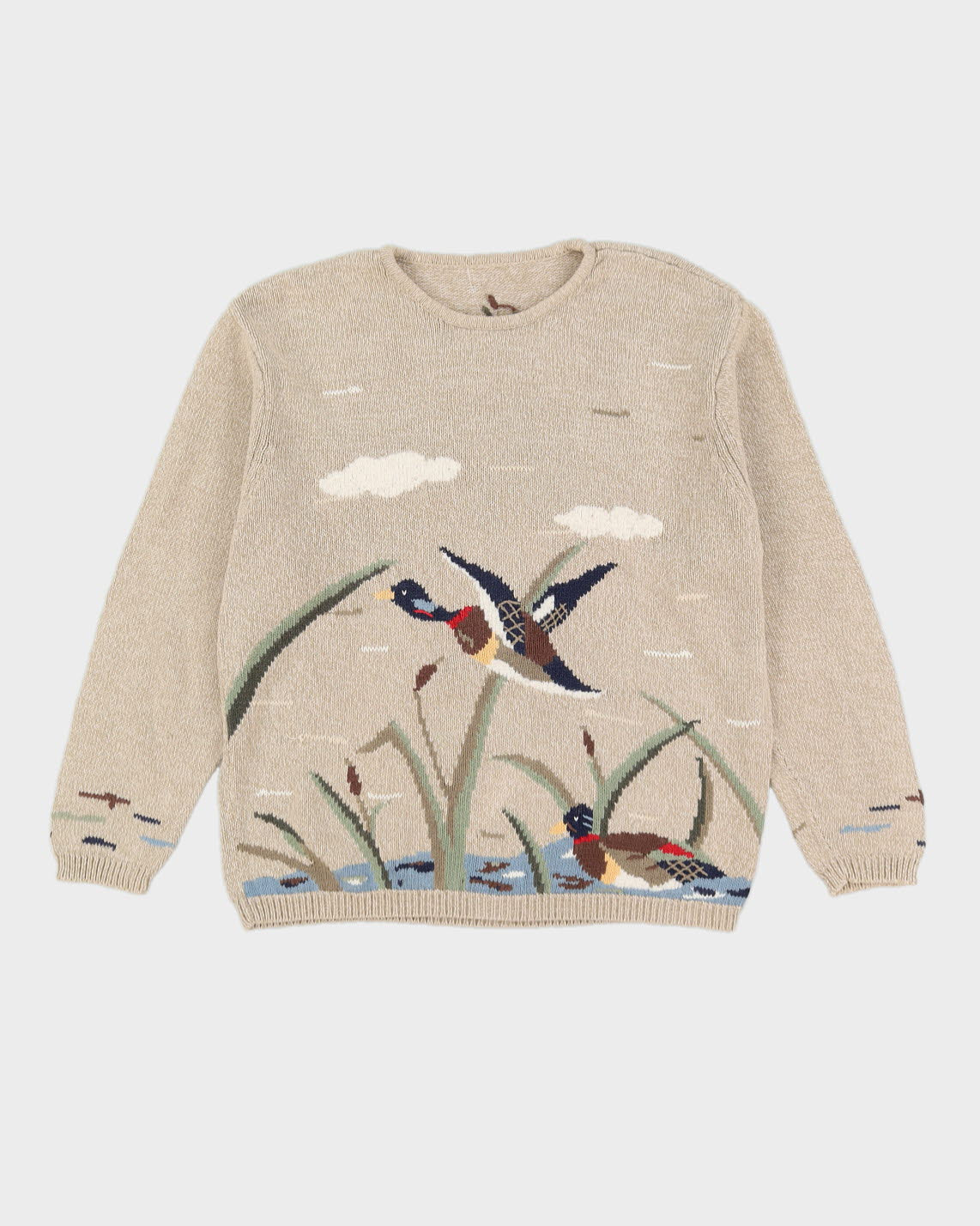 Beige With Flying Ducks Knitted Jumper -M