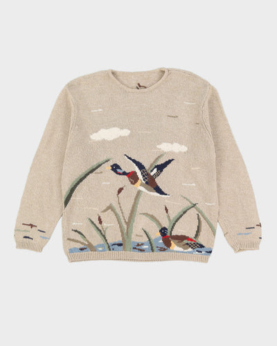Beige With Flying Ducks Knitted Jumper -M
